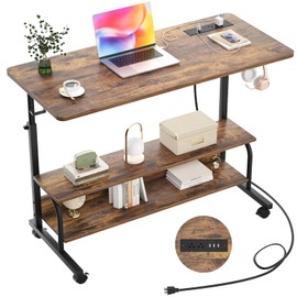 Armocity Height Adjustable Standing Desk with Power Outlets, 39" Manual Stand Up Desk with Storage Shelves Small Mobile Rolling Computer Desk Portable Laptop Table with Wheels for Home Office, Rustic