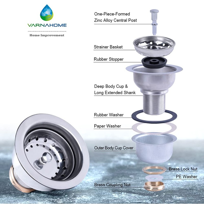 VARNAHOME 3-1/2 Deep Cup Kitchen Sink Drain Assembly, 304 Stainless