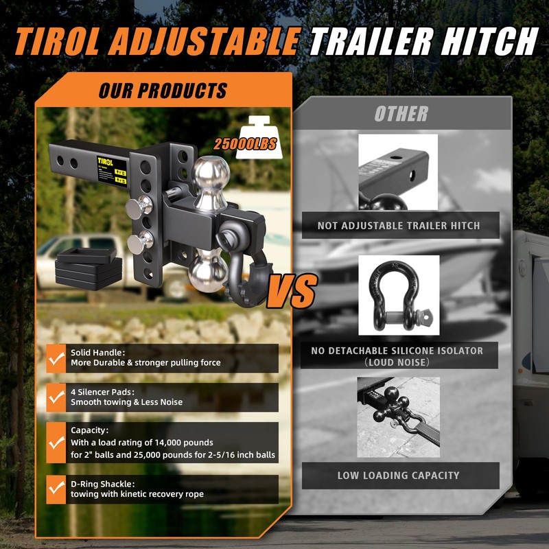 TIROL 2 Inch Adjustable Trailer Hitch Receiver with Shackle -