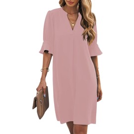 Wkior Summer Dress for Women Short Sleeve Solid Color Loose Swing Elegant Dress Gray Pink M