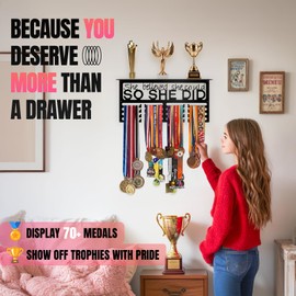Medal Hanger Display with Trophy Shelf, Sturdy Metal Awards Rack Holds 70+ Medals, Easy Wall Install Medal Holder, She Believed She Could So She Did, Holds 20lbs, Inspirational Gift for Women