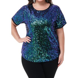Anna-Kaci Women's Sequin Tops Plus Size Round Neck Sparkle Glitter Short Sleeve Party Tunic Blouse, Mermaid, 3X-Large
