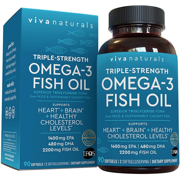 Fish Oil Omega 3 Supplement (90 Softgels) - 2,200mg EPA & DHA, Triple Strength Wild Triglyceride Omega 3 Fish Oil Supplements with No Fishy Burps