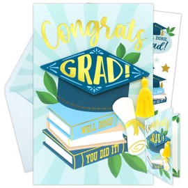Decorably Gold-Foiled 5x8in Individual Congrats Grad Card with Graduation Hat Top and Diploma Cutouts and Gold Tassel, Graduation Card Set with Envelope and Stickers, with Printed Message Inside