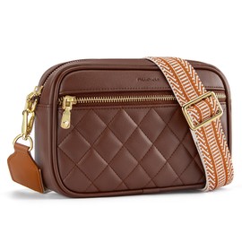 nuoku Quilted Crossbody Bags for Women Wallet Purse with Phone Pocket, Small Travel Purses Anti Theft, Wide Guitar Strap, Coffee