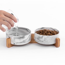 Ihoming Marbling Cat Bowls, Puppy Ceramic Food and Water Bowls Set, 1 3/4 Cups X 2, Indoors Black Pet Bowls with Wood Stand