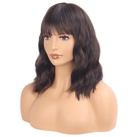 Short Brown Wavy Bob Wig with Bangs Dark Brown Curly Wavy Wigs for Women Synthetic Shoulder Length Water Wave Wig Heat Resistant Wig for Daily Party Use
