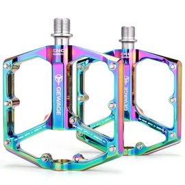 Road/Mountain Bike Pedals - 3 Bearings Bicycle Pedals - 9/16” CNC Machined Flat Pedals with Removable Anti-Skid Nails (Rainbow)