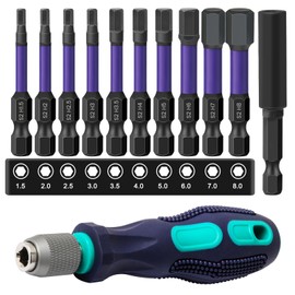 12pcs 50mm Hex Allen Key Bit Set, S2 Steel Metric Hex Head Allen Wrench Drill, 1.5MM-8MM 1/4" Hex Shank Magnetic Inner Hexagon Screwdriver Bit with 60MM Magnetic Bit Holder&120MM Handle Screwdriver
