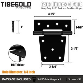 TIBEGOLD 3-1/2 Inch Heavy Duty Gate Hinges, Black Iron Barn Door Hinges, Gate Strap Hinge with Extra-Long Screws, T Hinges for Wooden Fences Yard Gate Shed Barn Door, 4 Pack