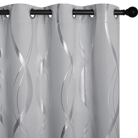 NICETOWN Silver Grey Blackout Pattern Curtains for Bedroom, 52 x 84 Inch Noise Reducing Thermal Insulated Wave Line Foil Print Design Room Darkening Window for Patio Sliding Glass Door(2 Panels)