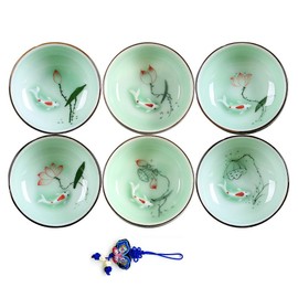 ZHAMS Hand Painted Kungfu Teacup,Chinese Long-Quan Celadon Teacup,Fishes and Lotus Pattern,Set of 6
