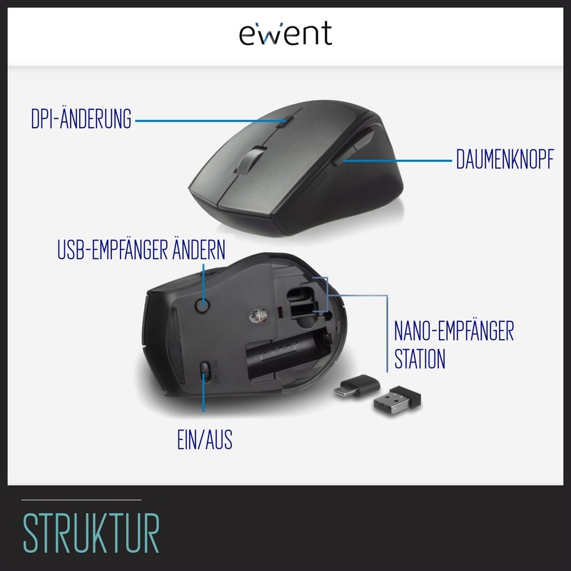 Ewent EW3245 Dual Connectivity Wireless Mouse 2400DPI Silent Click