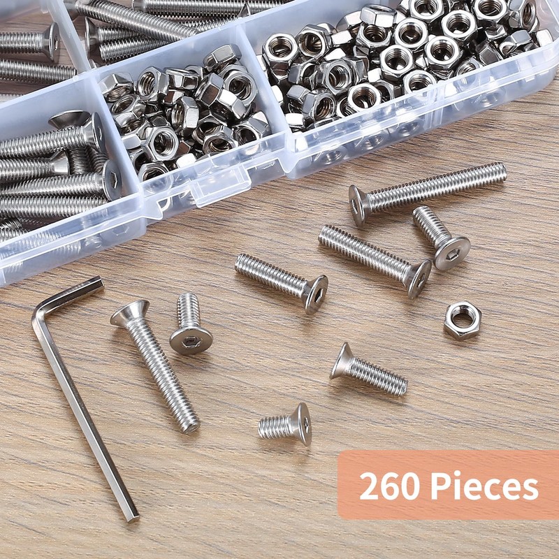 260 Pcs M5 Bolts & Nuts Set, Flat Head, Hex