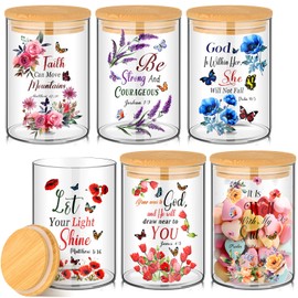 Shellwei 6 Pcs Christian Bible Glass Storage Jars with Airtight Lid Verse Wildflower Candy Cookie Jars Inspirational Floral Canisters Sets Gift for Religious Kitchen Containers Decor