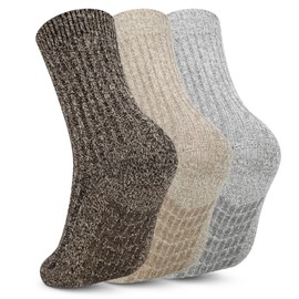 Chalier Finery 3 Pairs of Stopper Socks Gifts for Men and Women, Warm Wool Socks, Non-Slip Slipper Socks, Knitted Thick Thermal Socks for Men and Women, Light brown/dark brown/grey