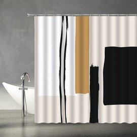 TENVSIN Abstract Modern Shower Curtain Black Beige Geometric Neutral Minimalist Fashion Geometry Simple Contemporary Fabric Bathroom Decor Set with Hooks（70" Wx70 H）