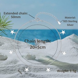 Deyanse Silver Anklets for Women, 925 Sterling Silver Women's Anklets, 22+5cm Adjustable Ladies Ankle Bracelet, Waterproof Summer Party Beach Barefoot Anklet, Classic Fashion Ankle Chains with Star