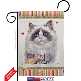 Blue Bicolor Ragdoll Happiness Garden Flag Set Wood Dowel Animals Cat Kitten Meow Spoiled Paw Fur Pet Nature Farm Animal Creature Small Gift Yard House Banner Double-Sided Made In USA 13 X 18.5