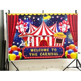7x5ft Carnival Circus Backdrop Circus Tent Party Backdrop Carousel Ticket Booth Background Child Kid Boy Baby 1st Birthday Carnival Banner Photo Props Supplies