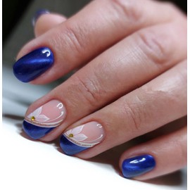 LoveOurHome 24pc Square Press on Nails Short Fake Nails Flower French Glue on Nail Blue Acrylic Nails Press ons Nails Short Square Women Girls Artificial Fingernails with Glue Adhesive Tabs