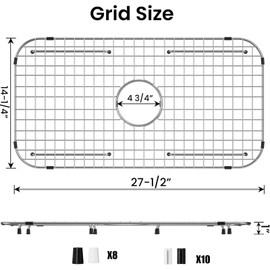 Sink Protectors for Kitchen Sink Bottom, 304 Stainless Steel 27 x 14 Sink Grid Single-Bowl Farm Sink Protector Metal Grill Rack with Centered Drain Hole with Corner Radius 3-1/2", Soft Rubber Feet