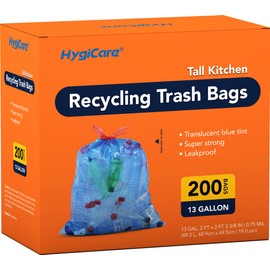 HygiCare 13 Gallon Recycling Trash Bags, Unscented 200 Count Drawstring Tall Kitchen Garbage Bags, Pre-Separated, Ultra Strong, Leakproof, Sturdy, Translucent Blue