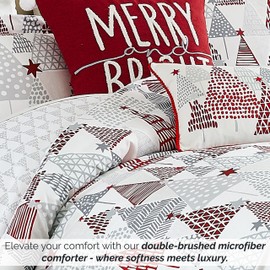 Southshore Fine Living, Inc. 5-Pc Twin Size Christmas Comforter Set w/3 Throw Pillows & Sham, Reversible Christmas Bed Set, 2-Sided Christmas Tree Print Holiday Bedding, Twin/Twin XL, Red & Grey
