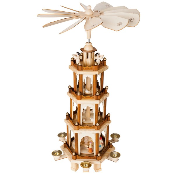 BRUBAKER Christmas Pyramid - 24 Inches - 4 Tier Carousel with 6 Candle Holder and Hand Painted Figurines - Designed in Germany - Nativity Set, Decoration