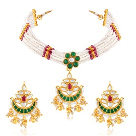 Aheli Gold Plated Rani Pink Green Kundan & Beads Studded Necklace Dangle Earrings Ethnic Jewellery Set Gift for Women