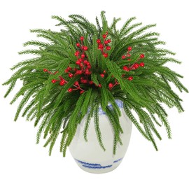 Fovths 6 Pack Christmas Norfolk Pine Branches with Red Berries 18 Inch Artificial Norfolk Pin Needle Branches DIY Crafts Faux Greenery for Xmas Indoor Outdoor Garland Wreath Craft Home Decor