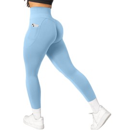 OMKAGI Women Scrunch Butt Lifting Leggings with Pockets Compression High Waisted Gym Workout Leggings(L,9-Bright Blue)