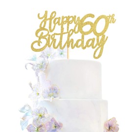 3 Pieces Happy 60th Birthday Cake Toppers Gold 60th Birthday Cake Toppers Happy 60 Birthday Cake Decoration for 60th Birthday Party Decorations