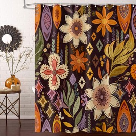 Fowocu Boho Floral Shower Curtain Orange Abstract Bohemian Flowers Botanical Leaf Bathroom Curtain Vintage Mid Century Modern Waterproof Fabric Shower Curtains for Bathroom Decor 72x72 inch