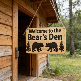 Rustic Wooden Welcome Sign, Bear's Den Cabin Decor with Black Bears and Pine Trees, Natural Wood, 5x8 Inches, Rope Hanging