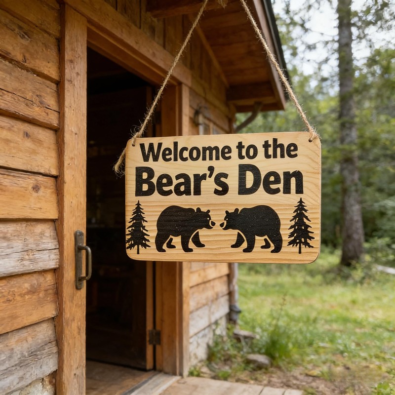 Rustic Wooden Welcome Sign, Bear's Den Cabin Decor with Black