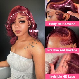 13x6 Bob Wig Human Hair 200 Density 99j Burgundy Lace Front Wigs Human Hair Glueless 13x6 Body Wave HD Lace Front Wigs Human Hair Pre Plucked Short Wine Red Bob Wigs for Black Women 12 Inch