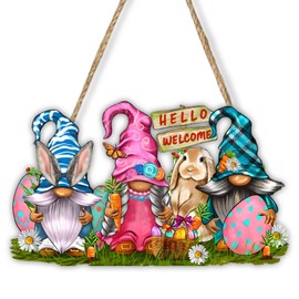 Easter Spring Welcome Door Sign, Decor Easter Bunny Gnomes Spring Easter Hello Hanging Sign Easter Wooden Signs Decorative Wall Plaque Rustic Front Door Yard Farmhouse Home Spring Harvest Decor