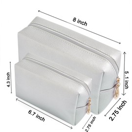 Juego de 2 bolsas de cosméticos de piel sintética para mujeres y niñas, bolsa de maquillaje minimalista para uso diario, bolsa de almacenamiento portátil pequeña bolsa de cosméticos limpia resistente al agua para viajes, plateado, Diario