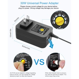 ALITOVE 30W Universal Power Adapter Adjustable AC Adapter 3V 4.5V 5V 6V 7.5V 9V 12V 2.5A Max Variable Power Supply 100V-240V AC to DC 3V~12V 0.5A 1A 1.5A 2A with 5V 2.1A USB Port 14 Tips, 4.9FT Cord