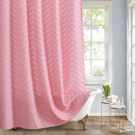 Pink Boho Shower Curtain Pretty Cute Shower Curtain Tufted Chervon Textured Shower Curtain Modern Minimalist Striped Shower Curtain Pink and White, 72 x 72