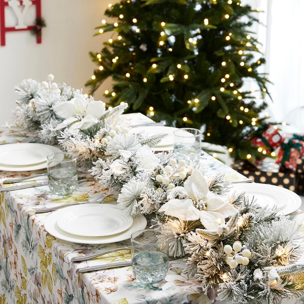 Glitzhome 2PK 6ft Pre-Lit Flocked Greenery Pine White Poinsettia Christmas