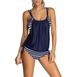 Dokotoo Womens Stripes Lined Up Double Up Tankini Top Bikini Swimwear,(US 2-4)S,Navy
