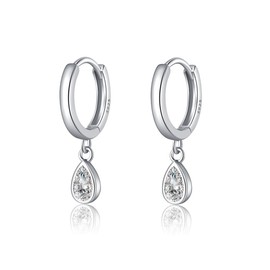 SLUYNZ 925 Sterling Silver Dainty Teardrop Earrings CZ Bezel Dangle Hoop Earrings for Women Teens Girls CZ Droplet Huggie Earrings Minimalism (A-SLVER)