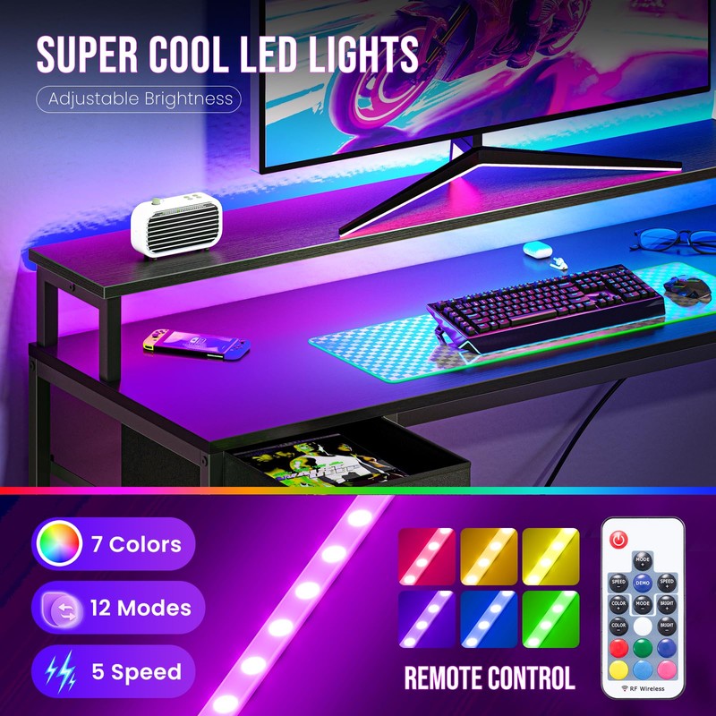 DUMOS Gaming Desk, Monitor Stand, LED Lights, Storage Shelves