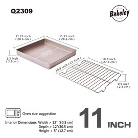 Bakeley Roasting Pan with Rack, 11-Inch Non-Stick Square Shallow Dish Sheet Pan with Wire Rack for Oven Baking, BBQ and Roasting 11.2" x 11.2" x 1.3" (Champagne Gold)