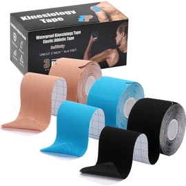 Qivine Cinta de Kinesiología 3 Rollos, Cinta Respirable Deportiva, Kinesiology Tape Muscular Resistente al Agua para Músculos de Rodilla, Hombro, Tobillo, 5CM * 5M, 3 Colores (Precortado)
