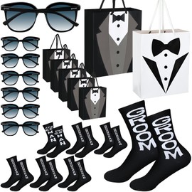 21 Pcs Groomsmen Gifts Set 7 Pairs Black Groomsmen Socks for Men 7 Pieces T Shirt Gift Bags 7 Pairs Groomsmen Sunglasses for Wedding Proposal Bachelor Party