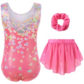 ACOCOPY Gymnastics Outfits for Girls Sparkly Quick Dry Sleeveless Leotards One Piece Pink Hearts Sequins Dance Bodysuits Set