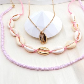 GIGB PBDK Boho Cowrie Shell Pendant Necklace Set Dainty Layered Stackable Seed Bead SeaShell Choker Necklaces Trendy Beach Jewelry Gift for Women (Pink)